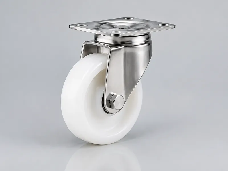 Stainless steel caster for food-processing equipment with a white non-marking wheel