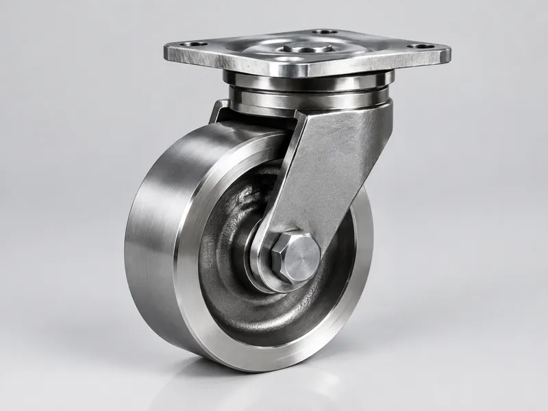 Forged steel swivel caster with a machined steel bracket and solid steel wheel