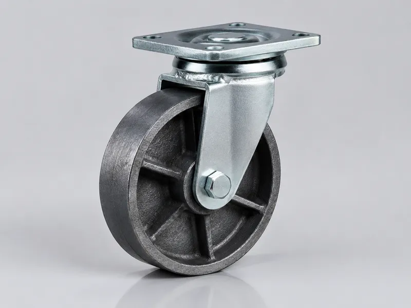 Heavy-duty swivel caster with a fabricated steel bracket and cast-iron wheel