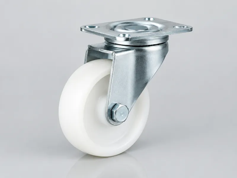 Swivel caster with a white nylon wheel and steel bracket