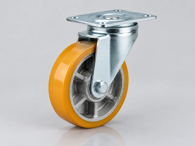 Swivel caster with a polyurethane-treaded wheel on a steel core