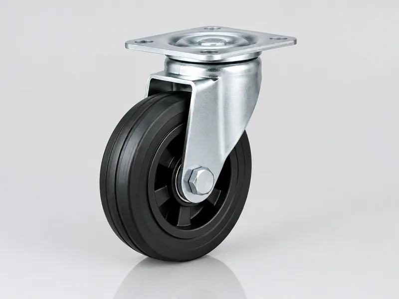 Swivel caster with a black rubber-treaded wheel and steel bracket