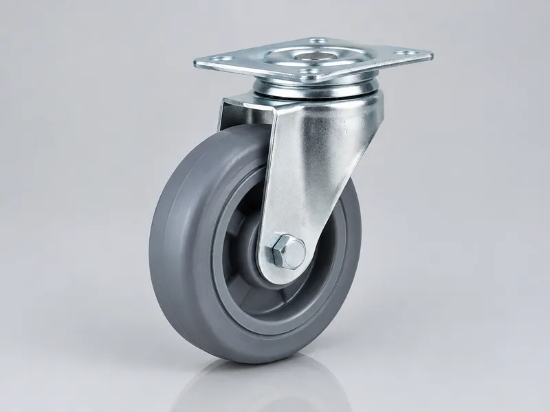 Caster with a soft elastic grey rubber wheel for silent running